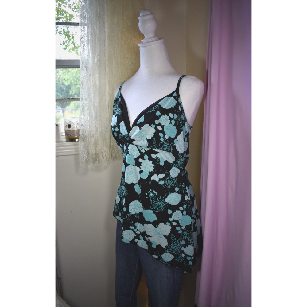 Mariposa Blue Rose‎ Slip Top Floral Handkerchief Hem Camisole Turquoise Black M
